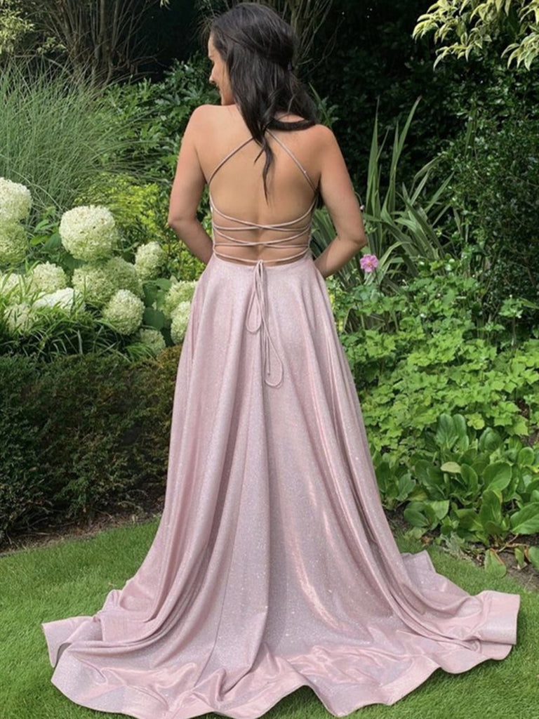 Shiny Pink Purple Backless Prom Dresses ...